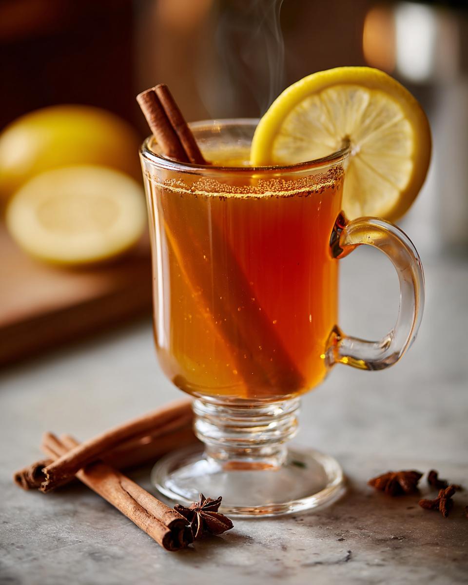A close-up of a steaming Hot Toddy in a glass mug, garnished with a lemon slice and cinnamon stick, with star anise and cinnamon sticks scattered around.