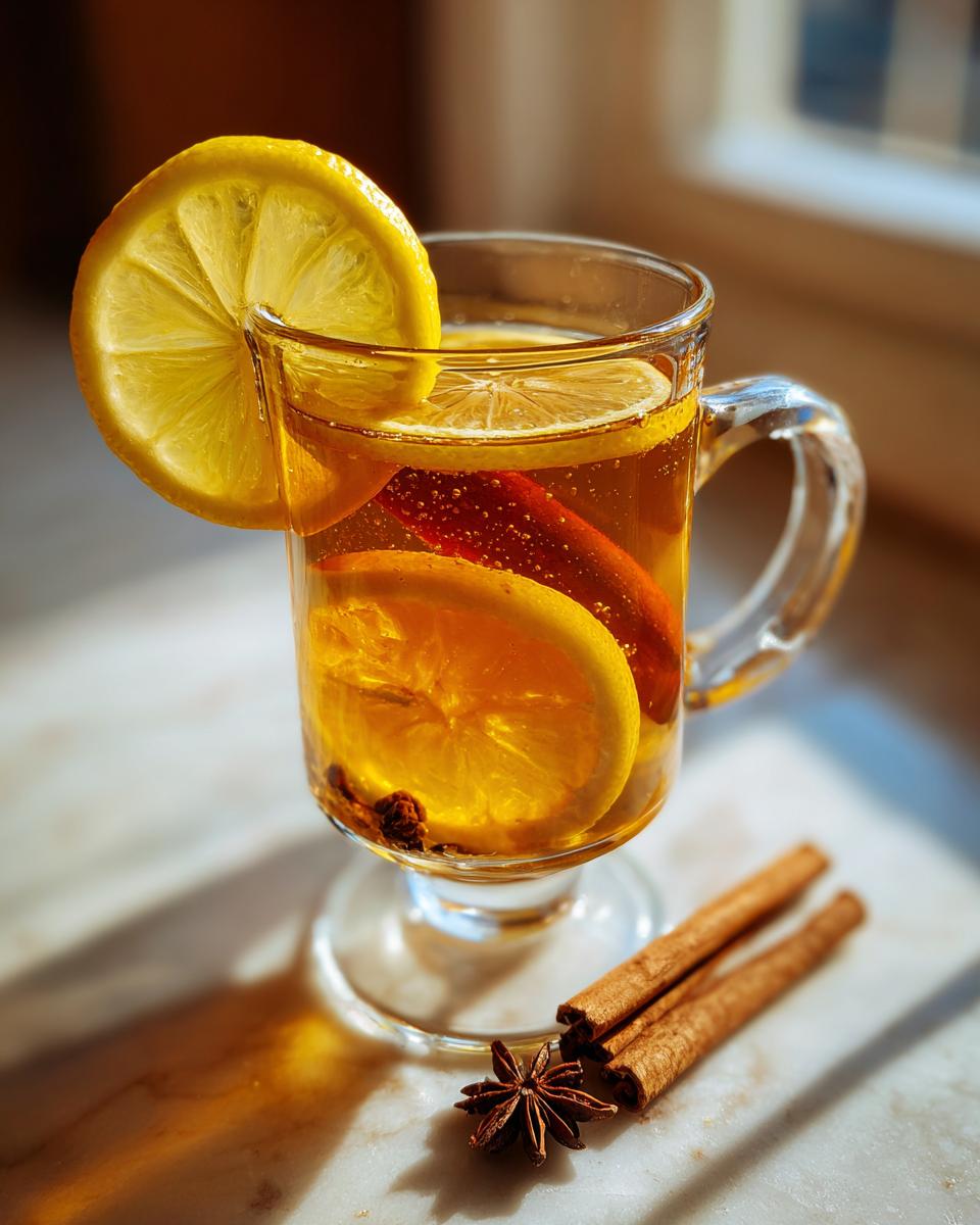 A warm Hot Toddy in a glass mug, garnished with lemon and orange slices, cinnamon sticks, and star anise.
