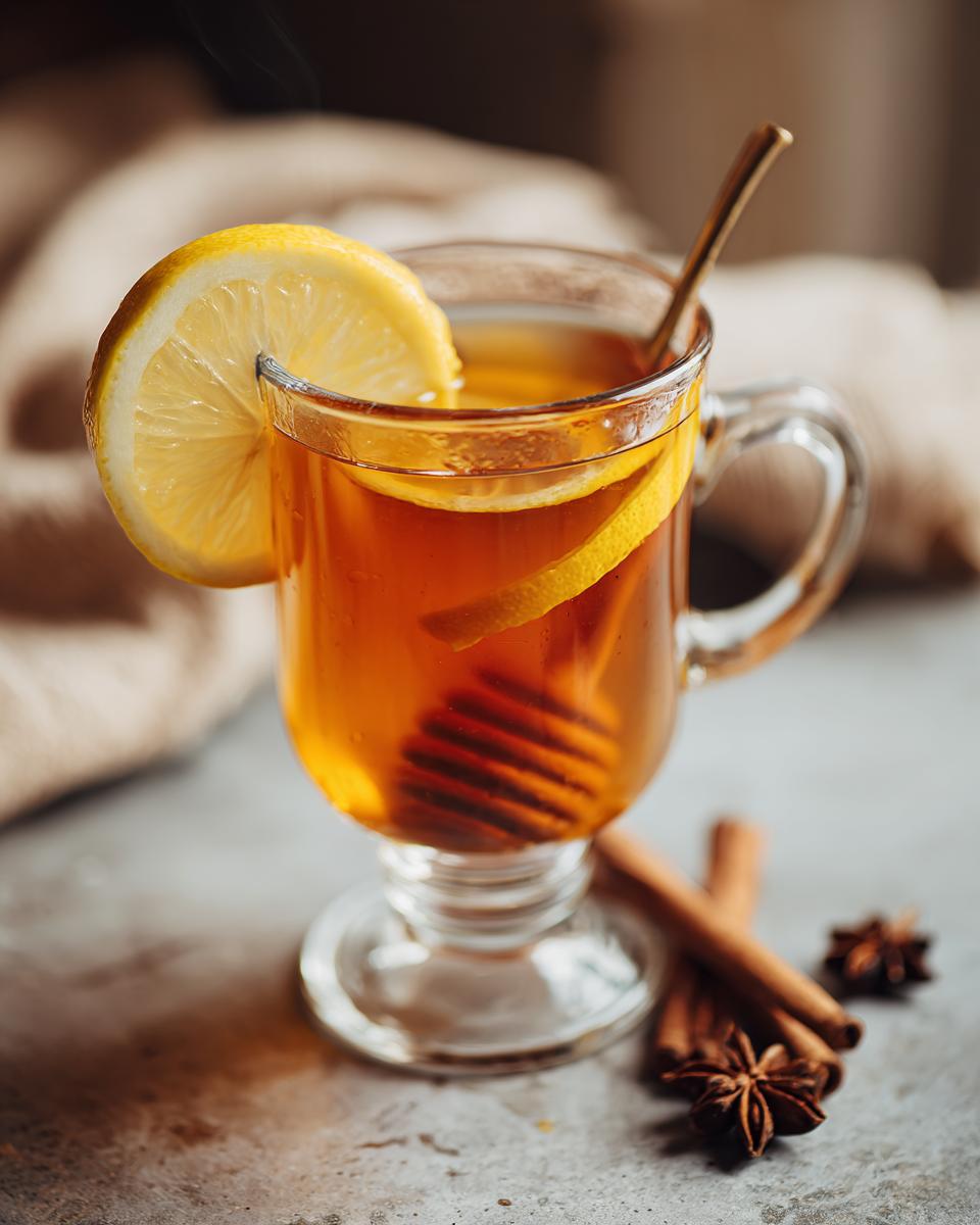A warm glass of Hot Toddy with lemon slices, cinnamon sticks, star anise, and a honey dipper.
