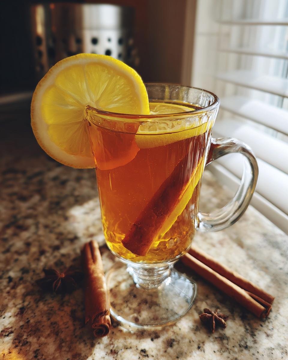A warm Hot Toddy in a glass mug, garnished with a lemon slice and cinnamon stick, with whole cinnamon sticks and star anise nearby.