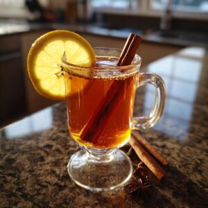 A warm and inviting hot toddy in a glass mug, garnished with a lemon slice and cinnamon sticks.