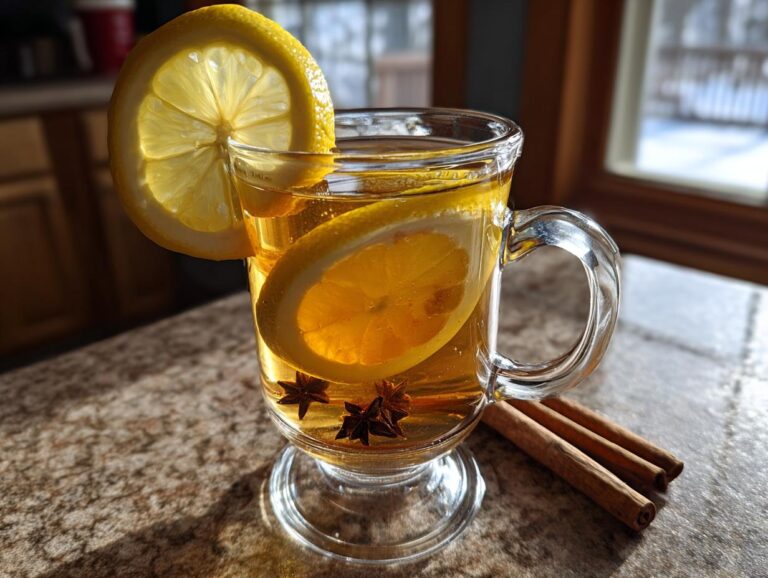 A clear glass mug filled with a golden hot toddy, garnished with lemon slices, star anise, and cinnamon sticks.