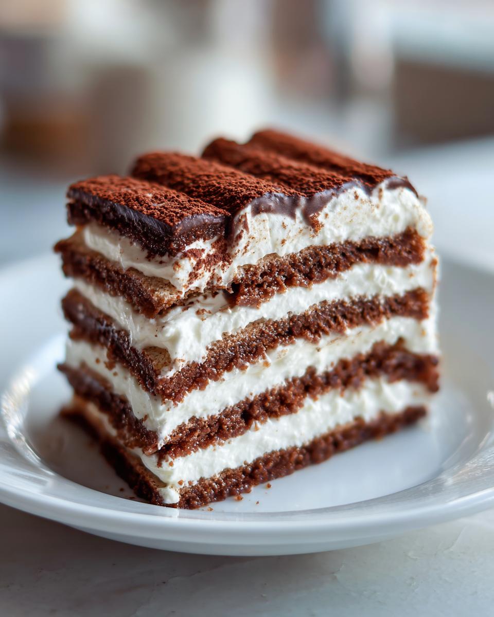 A slice of no-bake icebox cake featuring layers of chocolate wafers and whipped cream, topped with cocoa powder.