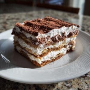 A tempting slice of icebox cake layered with cookies and cream, dusted with cocoa powder.