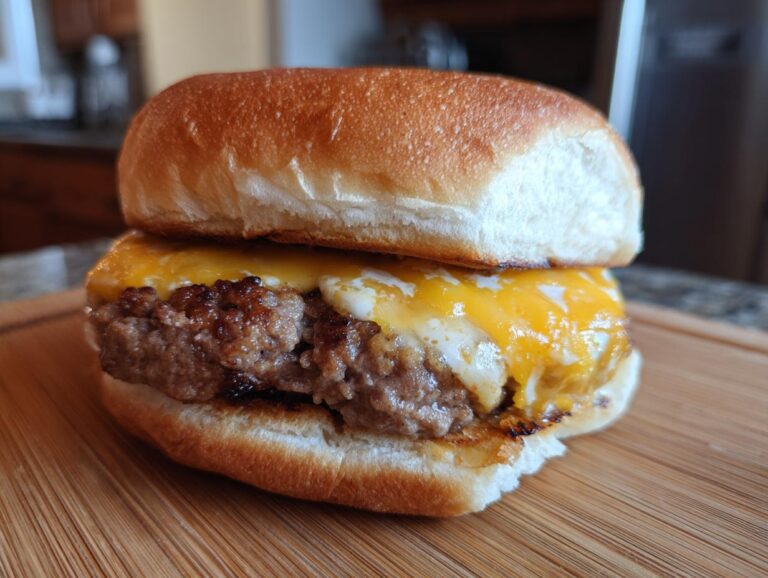 A close-up of a juicy cheeseburger with a thick beef patty and melted cheddar cheese on a toasted bun.