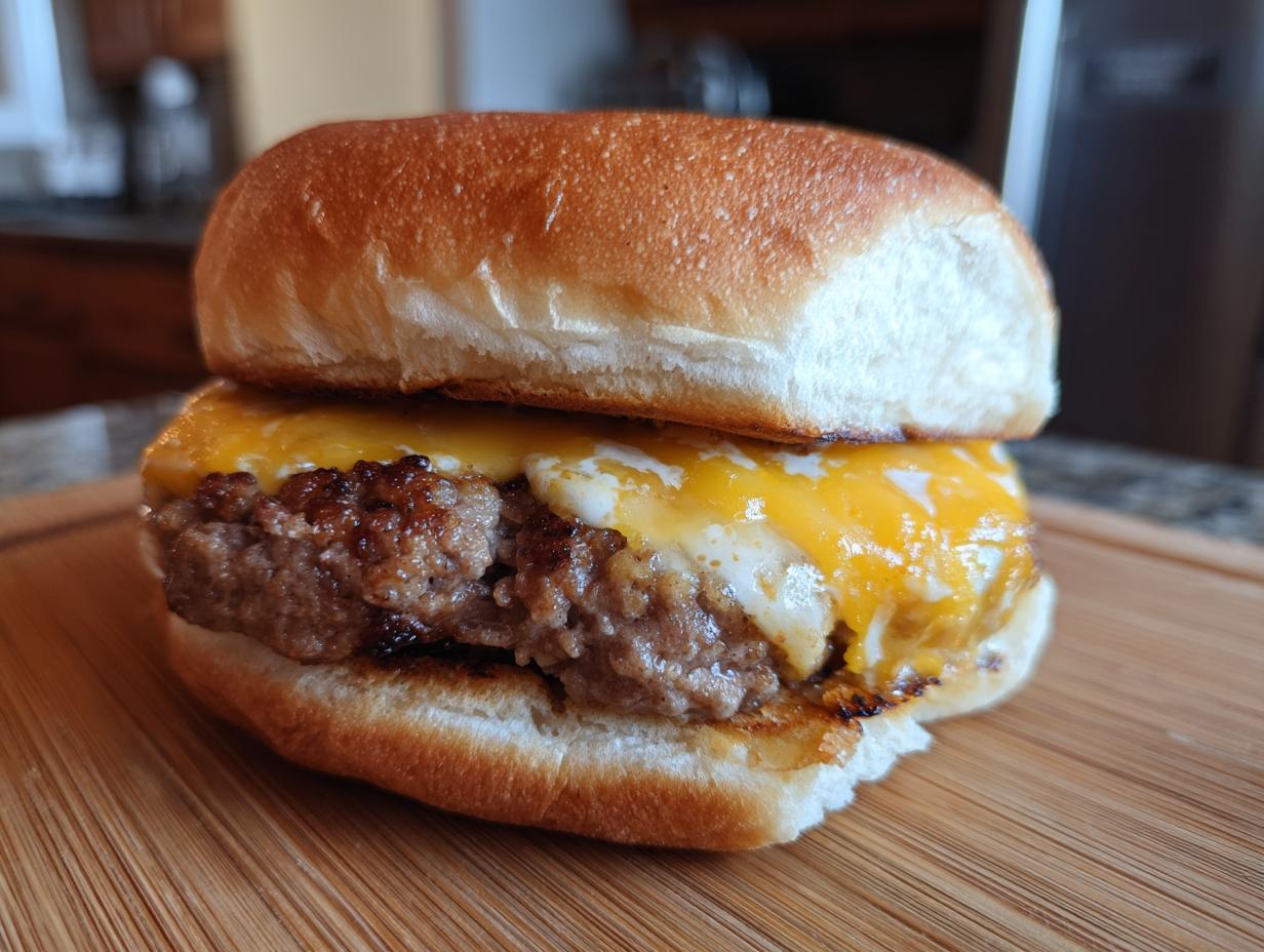 A close-up of a juicy cheeseburger with a thick beef patty and melted cheddar cheese on a toasted bun.