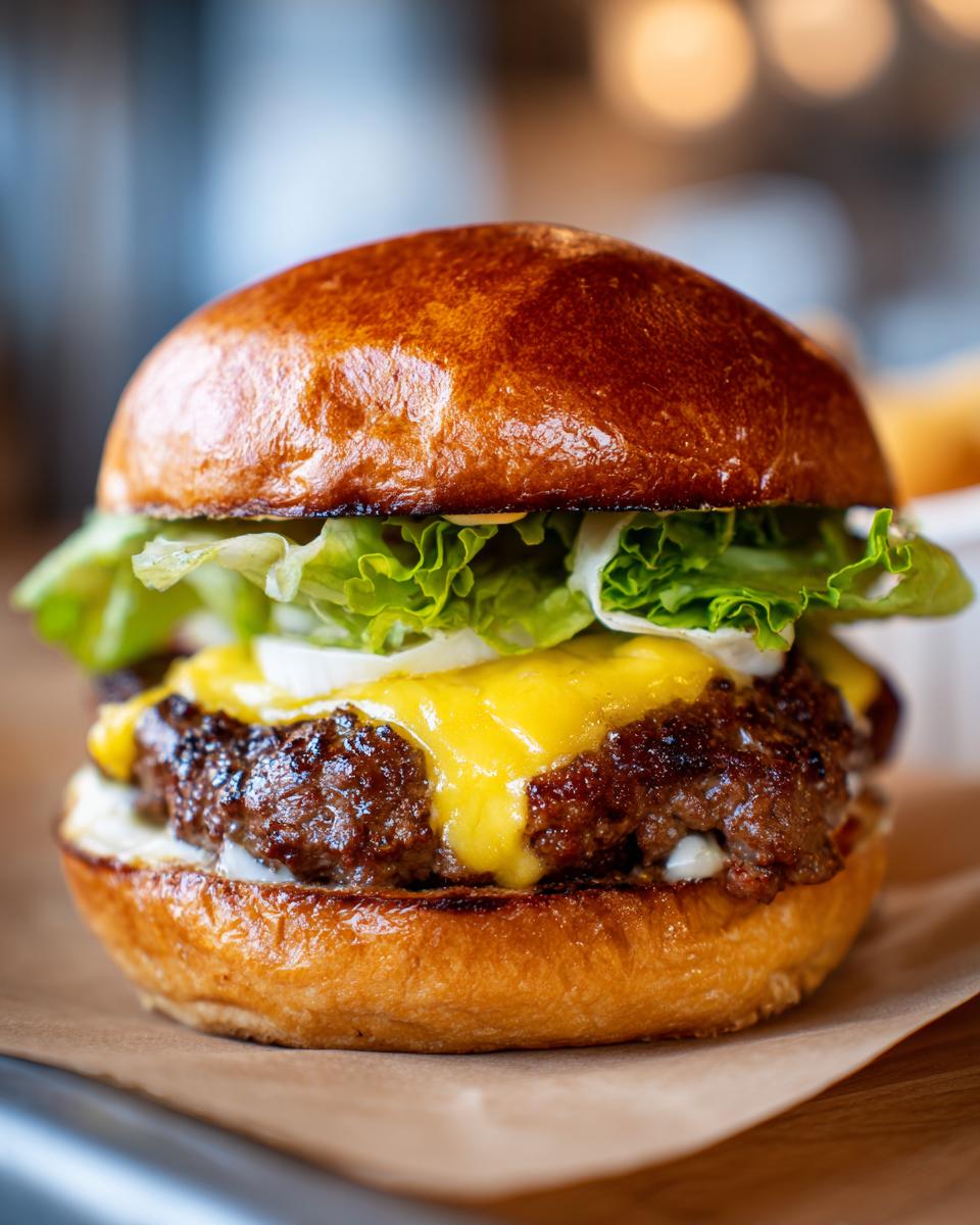 A close-up of a juicy cheeseburger with melted cheddar cheese, fresh lettuce, and onions on a toasted bun.