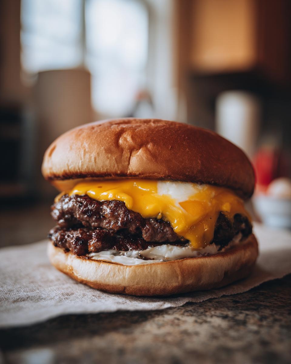 A close-up of a double cheeseburger with melted yellow cheese, juicy patties, and a soft bun.