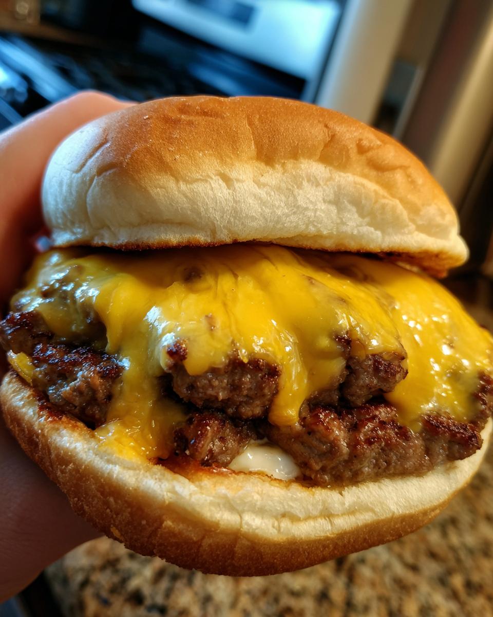 A close-up of a juicy double cheeseburger with two beef patties and melted yellow cheese, held in a hand.