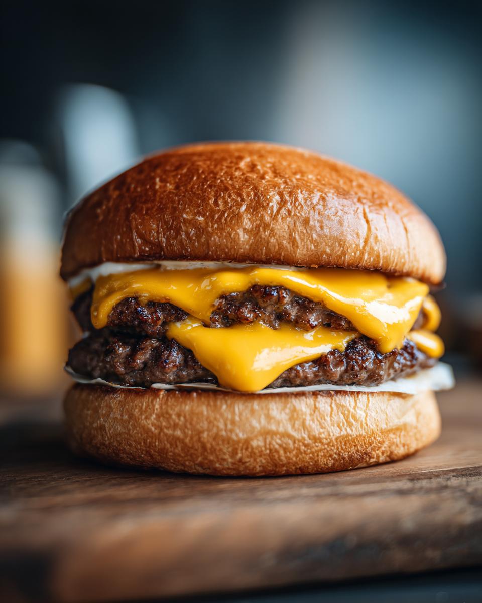 Close-up of a juicy double cheeseburger with melted cheddar cheese on a toasted bun.