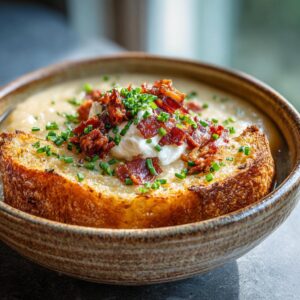 A hearty bowl of loaded potato soup topped with sour cream, crispy bacon, and fresh chives, served with a slice of toasted bread.
