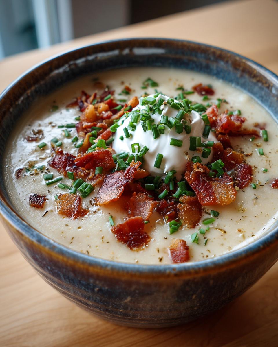 A close-up of a bowl of creamy loaded potato soup topped with sour cream, crispy bacon, and fresh chives.