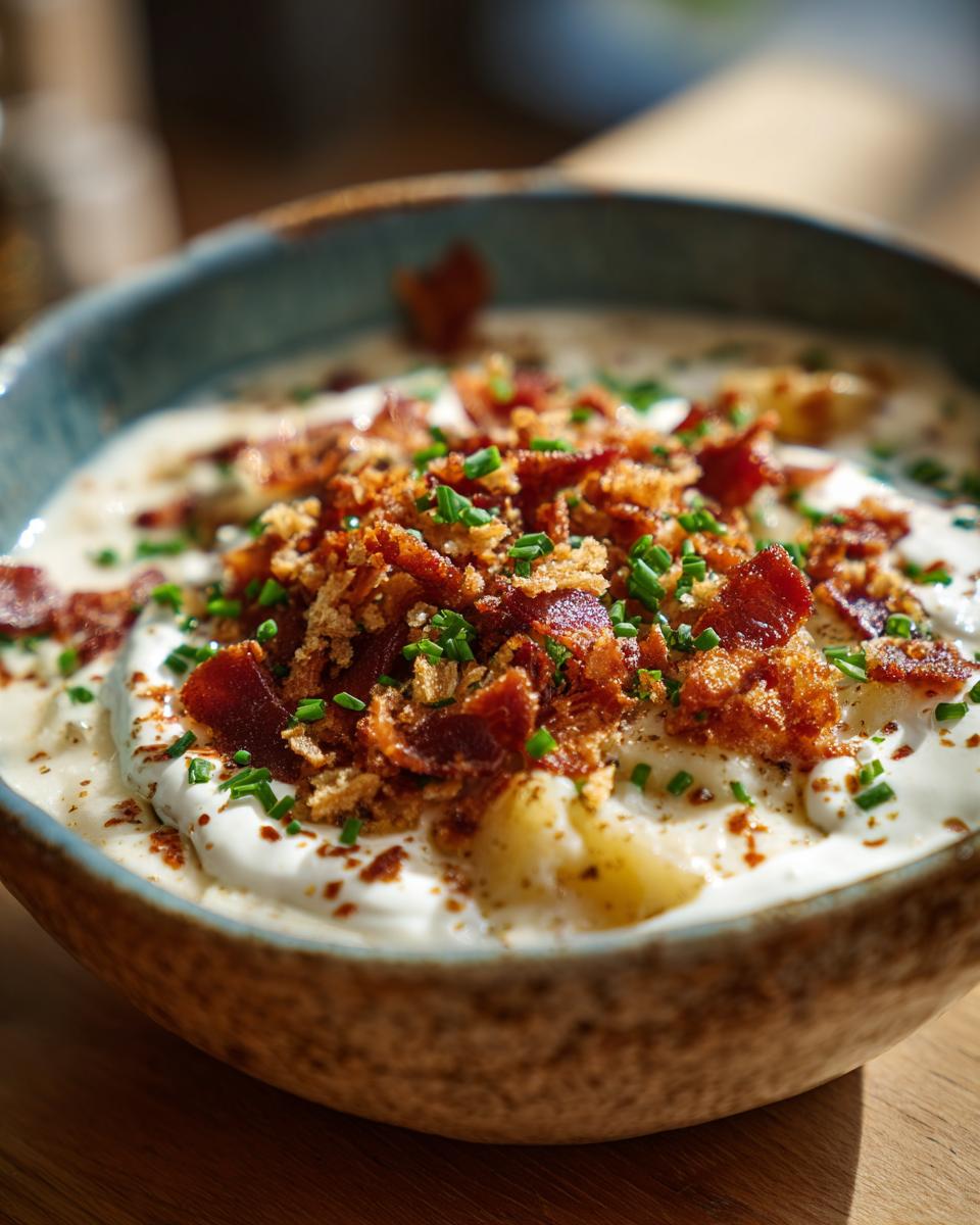 A close-up of a hearty bowl of loaded potato soup, topped with crispy bacon, fried onions, and fresh chives.
