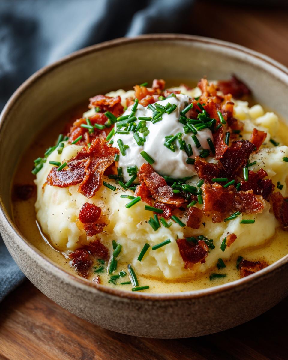 A close-up of a bowl of loaded potato soup, topped with sour cream, crispy bacon, and fresh chives.