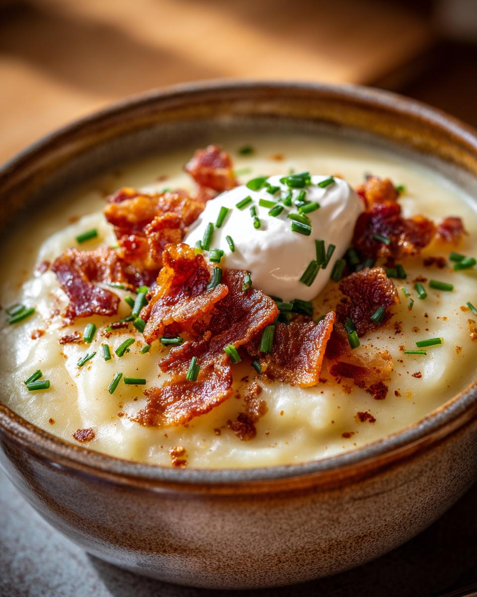 Close-up of a bowl of loaded potato soup topped with crispy bacon, sour cream, and fresh chives.