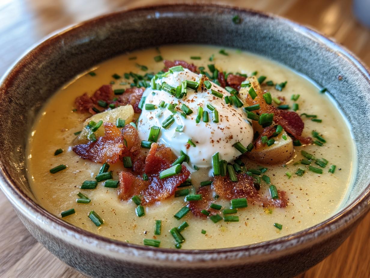 A close-up of a bowl of loaded potato soup topped with sour cream, crispy bacon, and fresh chives.