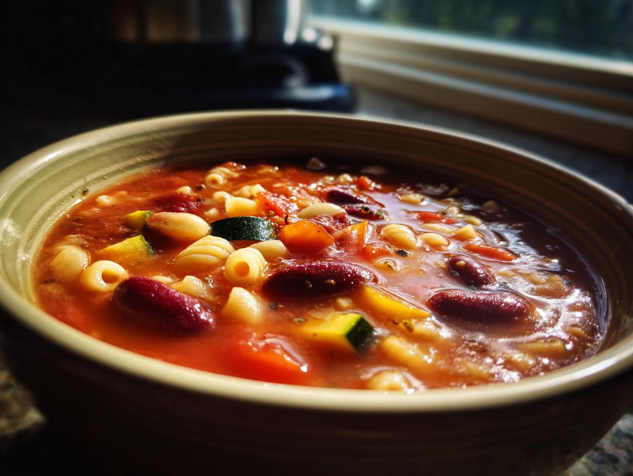 A close-up of a bowl of Grandma's amazing Minestrone soup, filled with pasta, beans, zucchini, and carrots in a rich tomato broth.