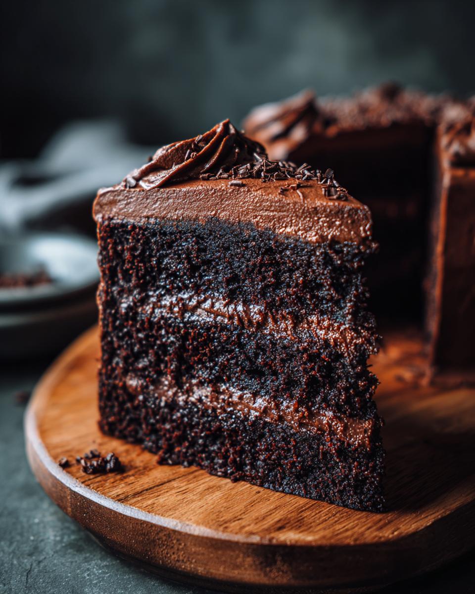 A decadent slice of moist chocolate cake with layers of chocolate frosting and chocolate shavings.
