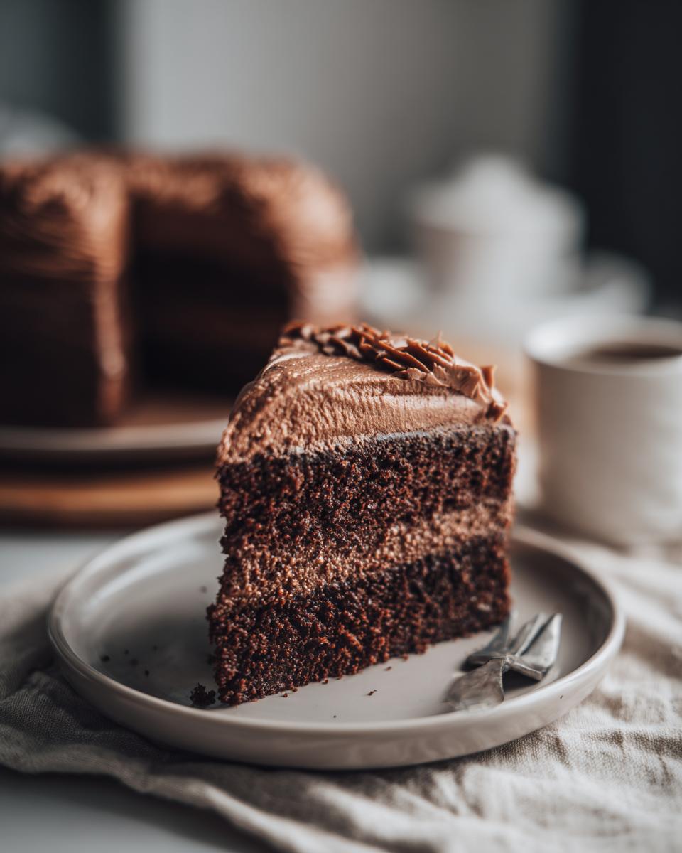 A slice of moist chocolate cake with rich chocolate frosting, ready to be enjoyed.