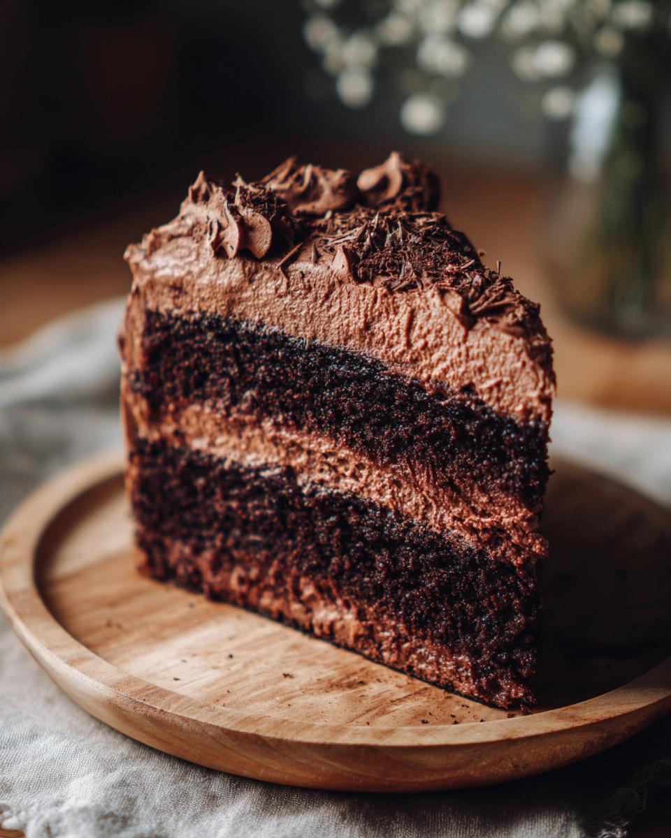 A decadent slice of moist chocolate cake with rich chocolate frosting and shavings.