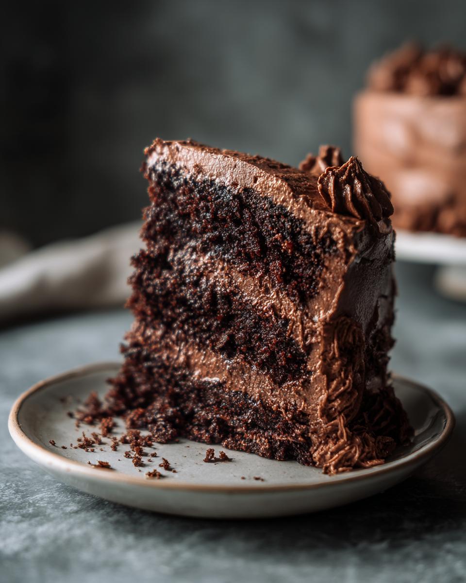 A generous slice of moist chocolate cake with rich chocolate frosting, showcasing its decadent layers.