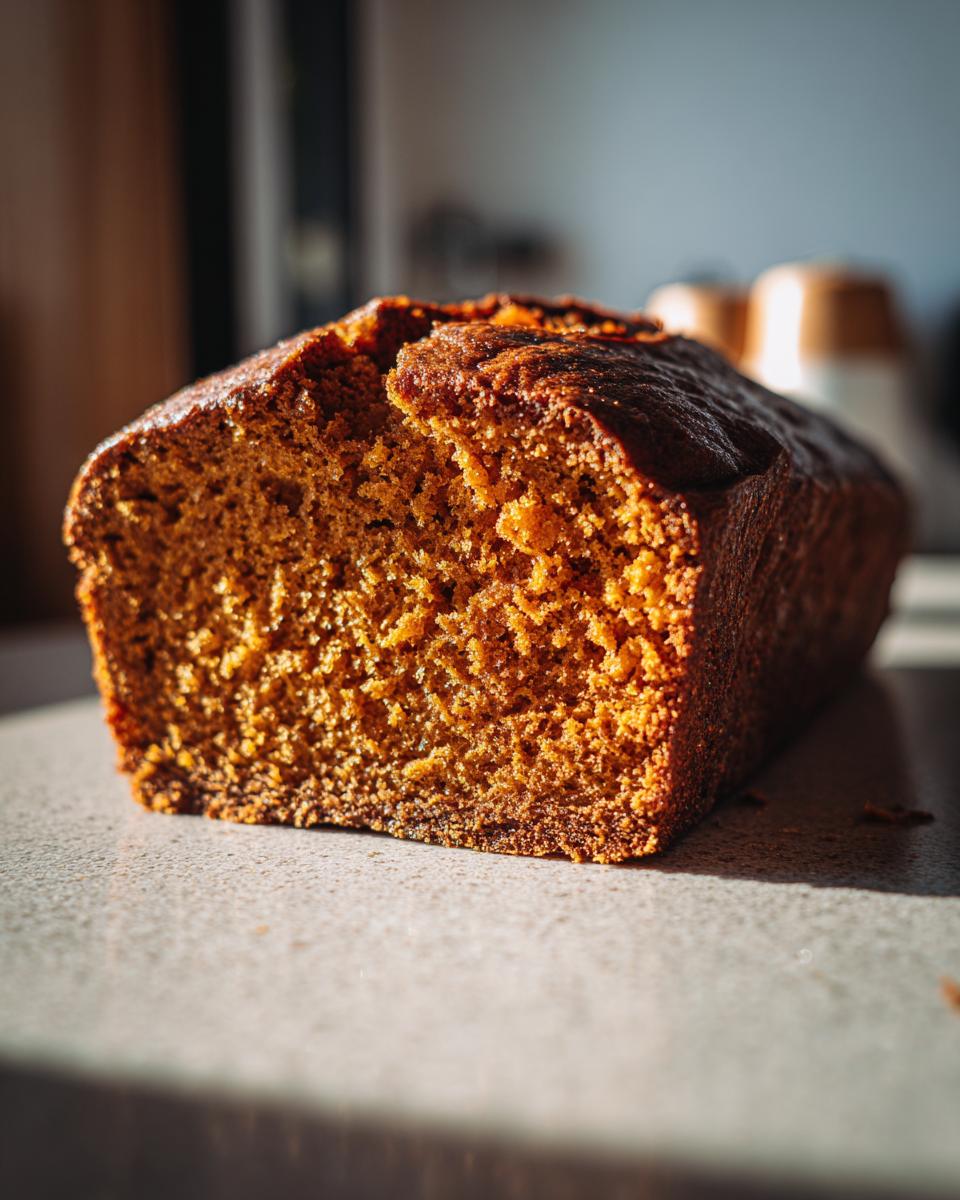 Close-up of a slice of moist pumpkin bread, showcasing its tender crumb and rich color.