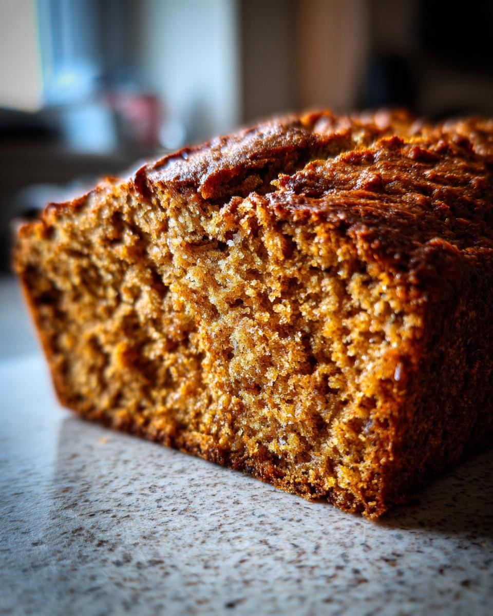Close-up of a moist slice of pumpkin bread, showcasing its rich texture and golden-brown crust.