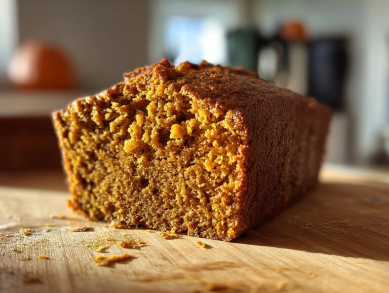 Close-up of a moist slice of pumpkin bread on a wooden cutting board, with crumbs scattered around.