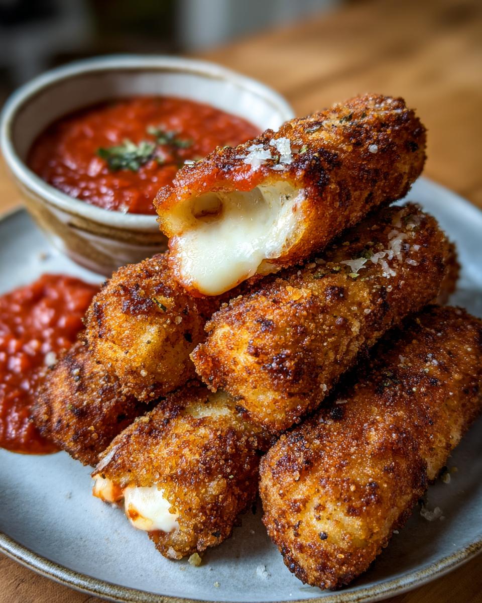 Golden brown, crispy mozzarella sticks with melted cheese oozing out, served with marinara sauce.