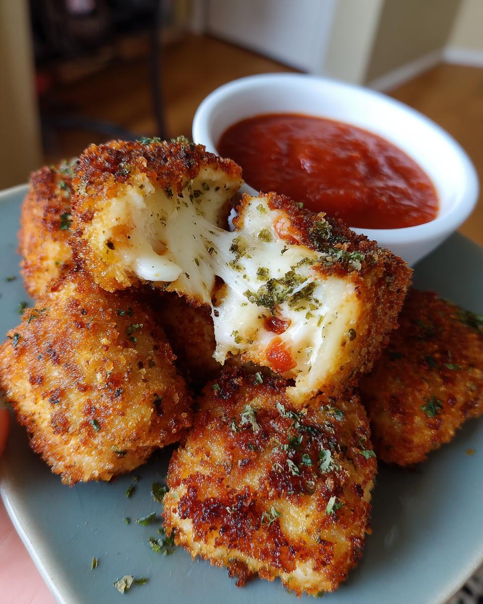 Close-up of perfectly fried mozzarella sticks, one broken open to reveal stretchy cheese, served with marinara sauce.