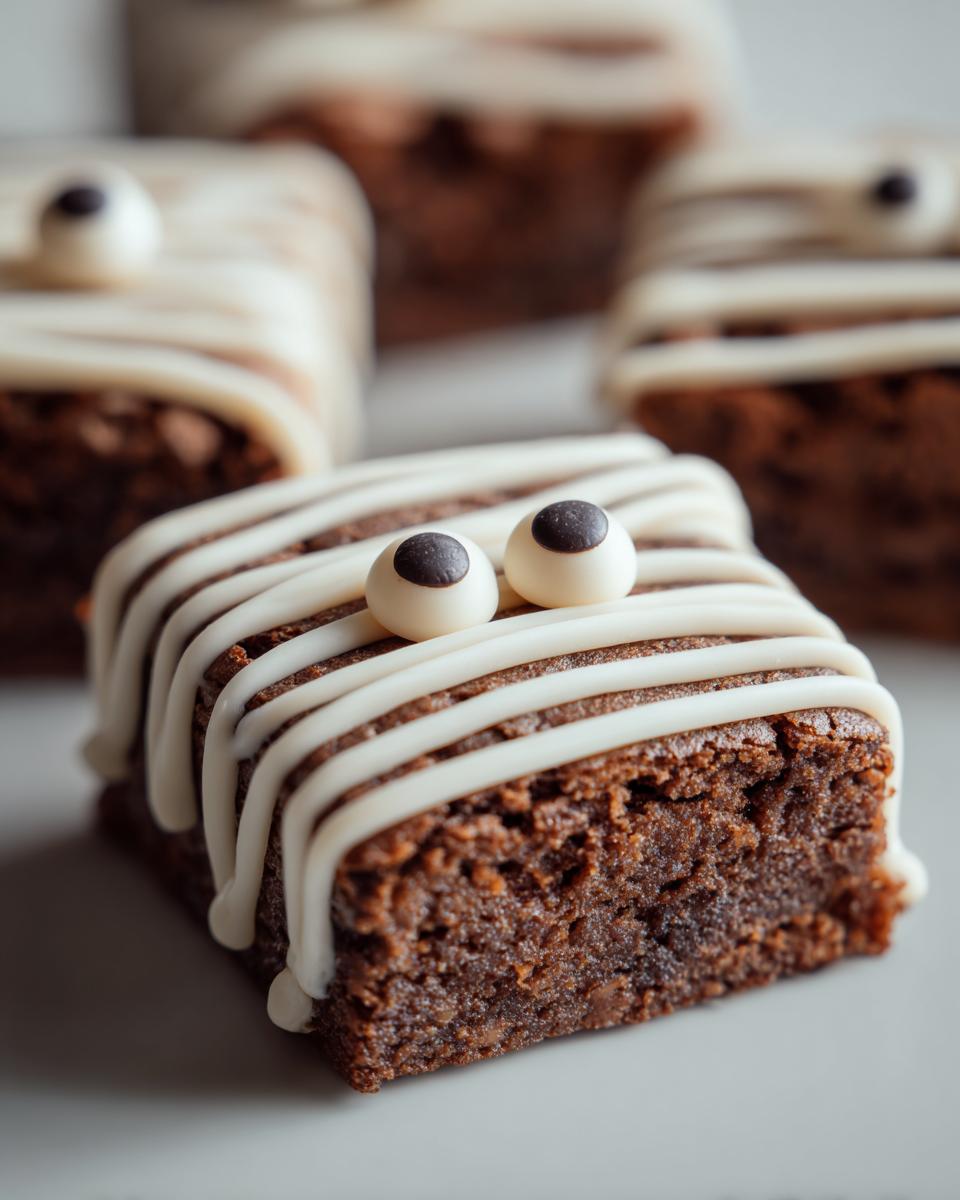 Close-up of a square mummy brownie decorated with white icing bandages and two candy eyes.