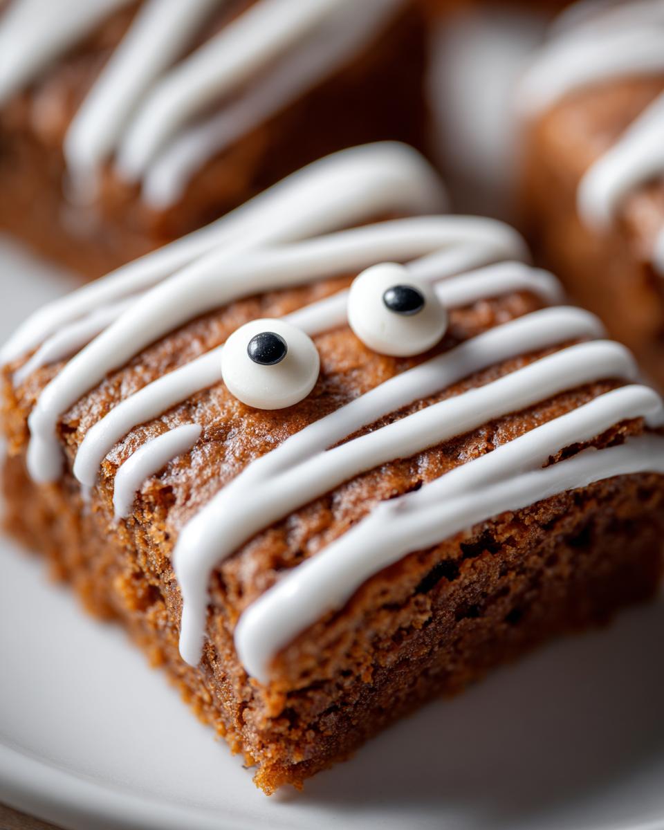 Close-up of a spooky Mummy Brownie decorated with white icing bandages and candy eyes.