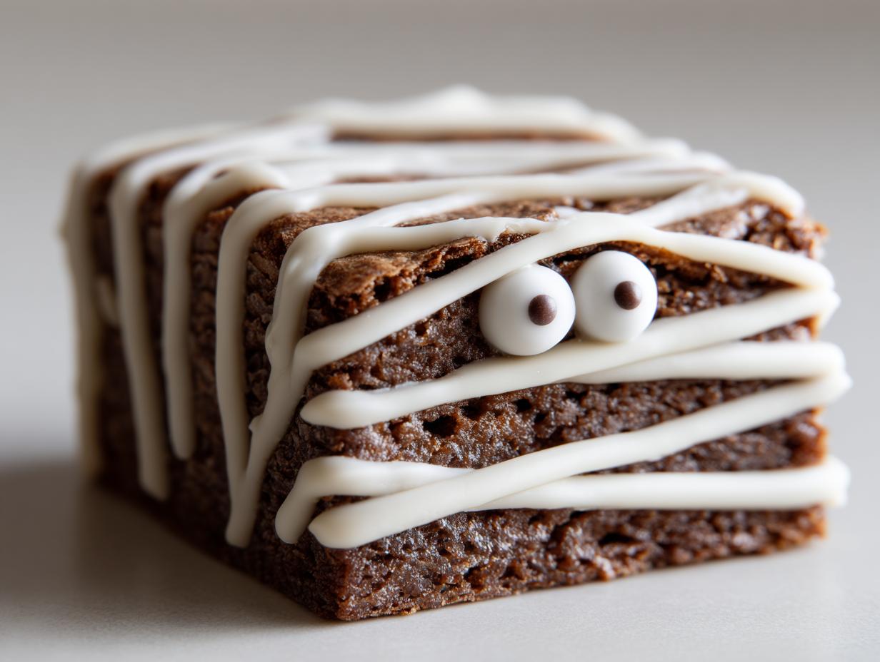 A close-up of a single mummy brownie decorated with white icing stripes and candy eyes.