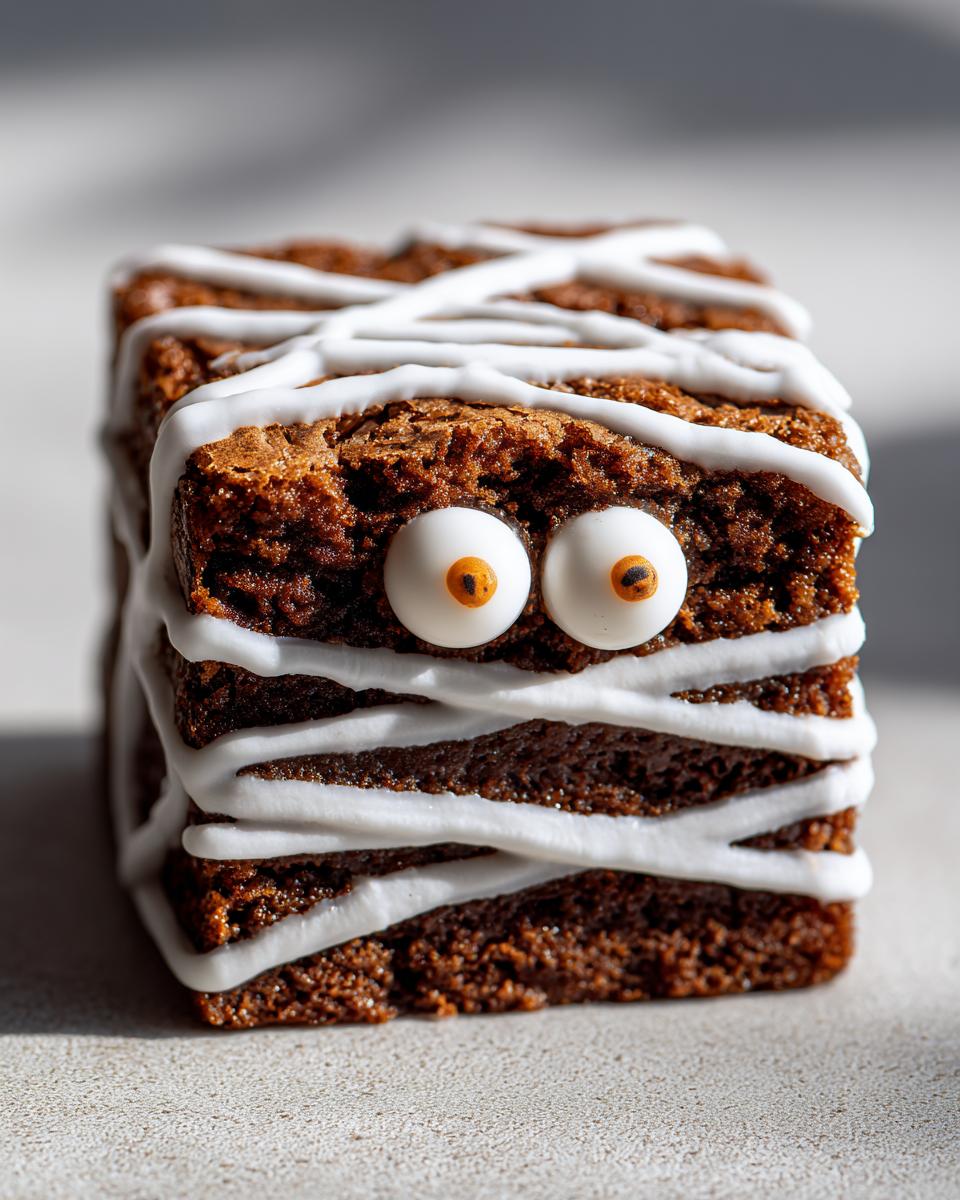Close-up of a spooky Mummy Brownie with white icing bandages and candy eyes.
