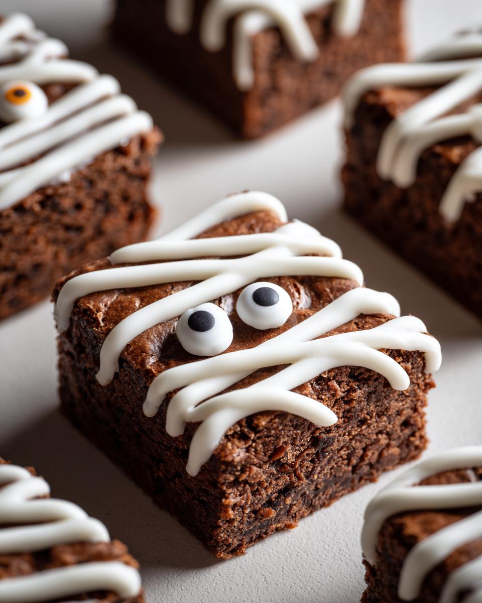 Close-up of a spooky mummy brownie decorated with white icing bandages and candy eyes.