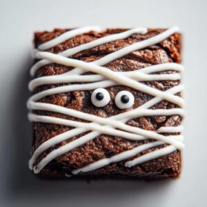A single mummy brownie decorated with white icing bandages and candy eyes, perfect for Halloween.