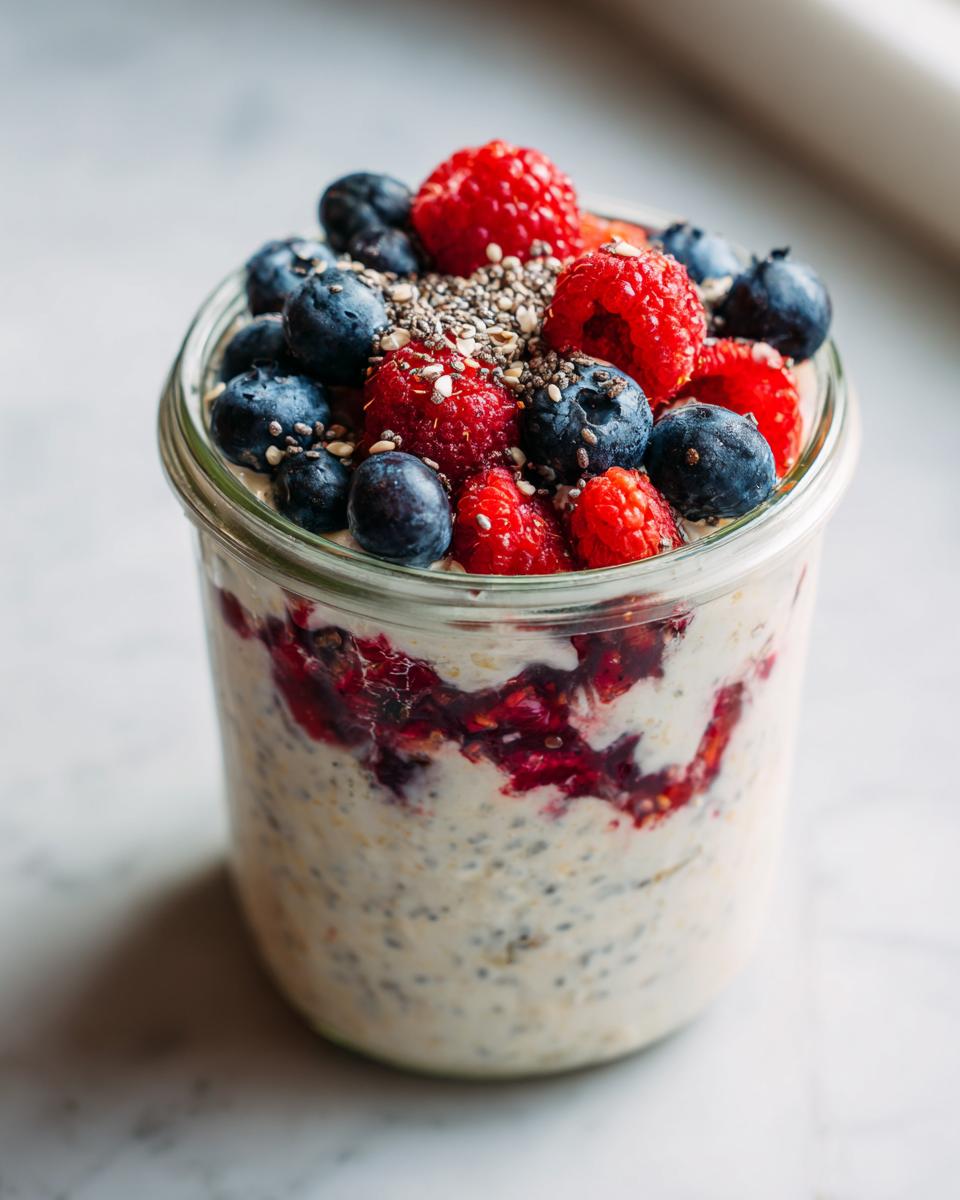 A close-up of overnight oats in a glass jar, topped with fresh blueberries, raspberries, and chia seeds.