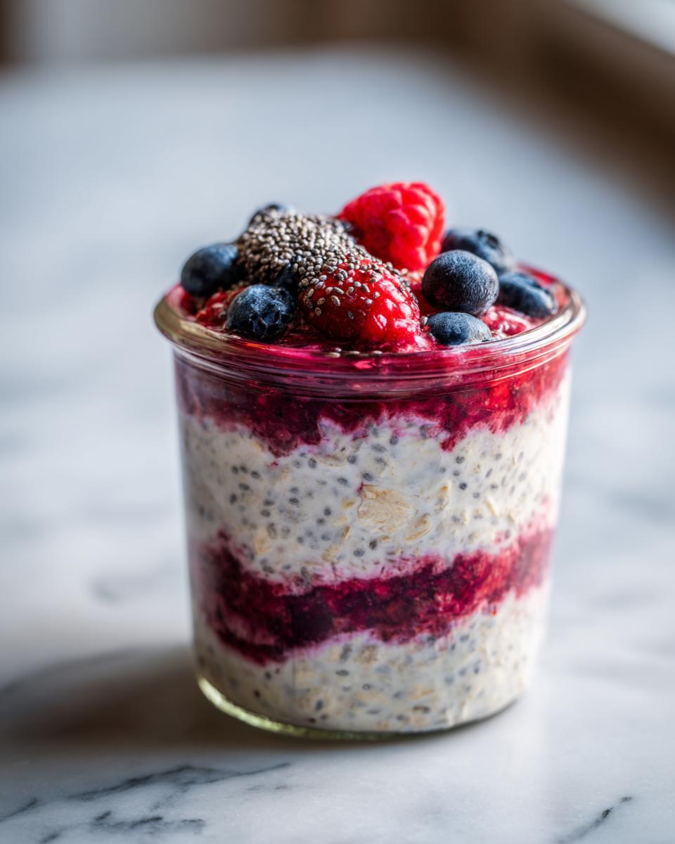 A close-up of overnight oats in a glass jar, layered with berry compote and topped with fresh blueberries, raspberries, and chia seeds.