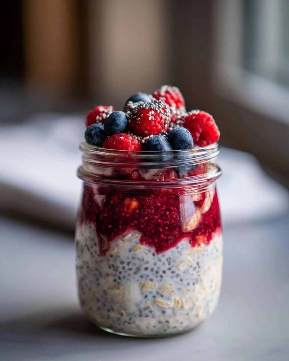 A close-up of overnight oats in a jar, layered with chia seeds, milk, and topped with raspberries, blueberries, and more chia seeds.