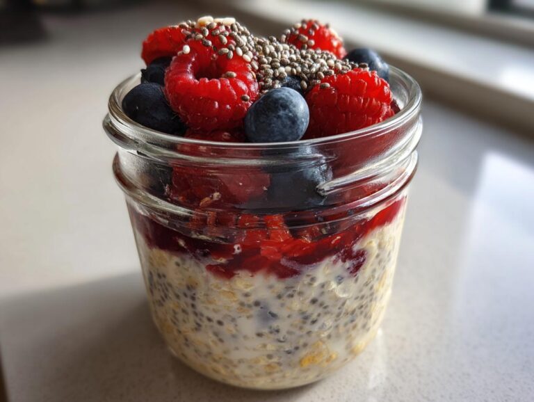 Close-up of overnight oats in a jar, topped with fresh raspberries, blueberries, chia seeds, and a layer of berry jam.