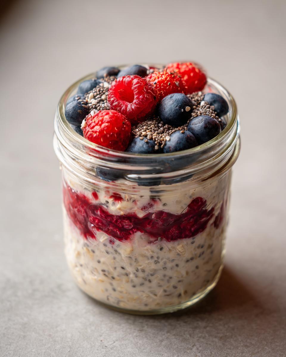 A close-up of overnight oats in a glass jar, layered with raspberry jam and topped with fresh blueberries and raspberries.