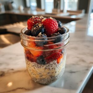 A close-up of overnight oats in a jar, layered with fruit and topped with fresh berries and seeds.