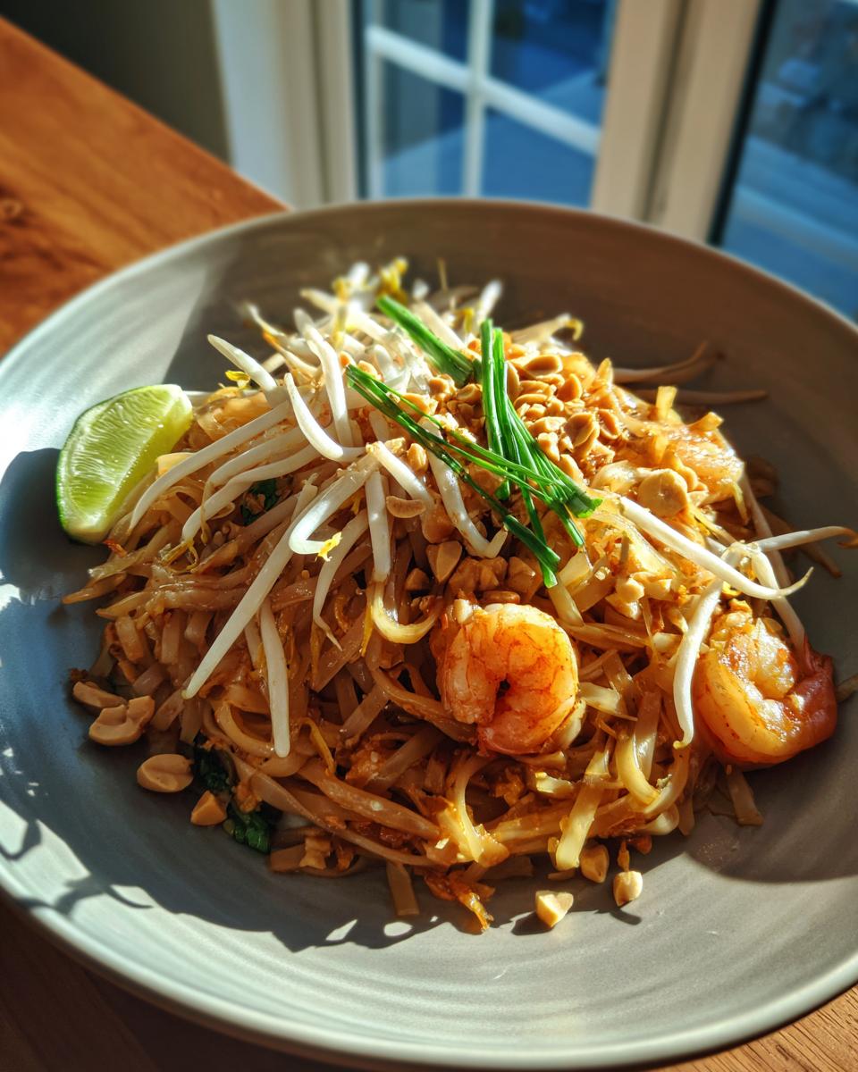 A close-up of a bowl of Pad Thai noodles with shrimp, bean sprouts, peanuts, and a lime wedge.