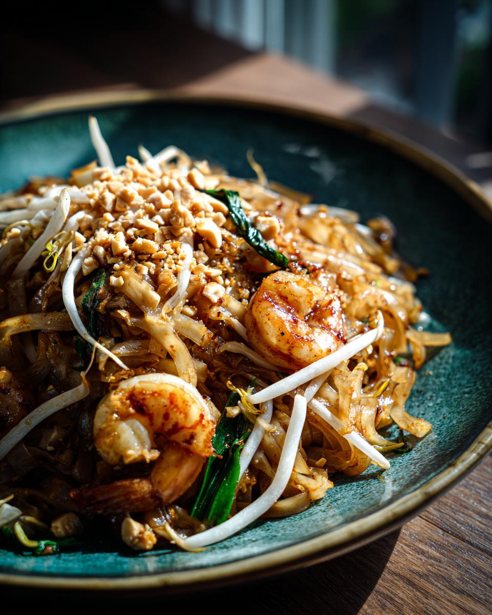 A close-up of a vibrant Pad Thai dish featuring tender shrimp, rice noodles, bean sprouts, and crushed peanuts.