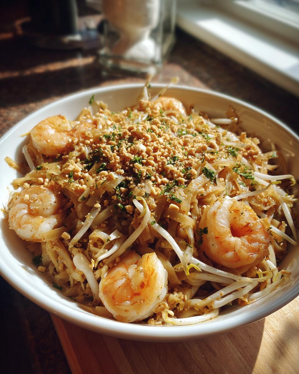 A bowl of Pad Thai noodles topped with plump shrimp, crunchy peanuts, and fresh cilantro.