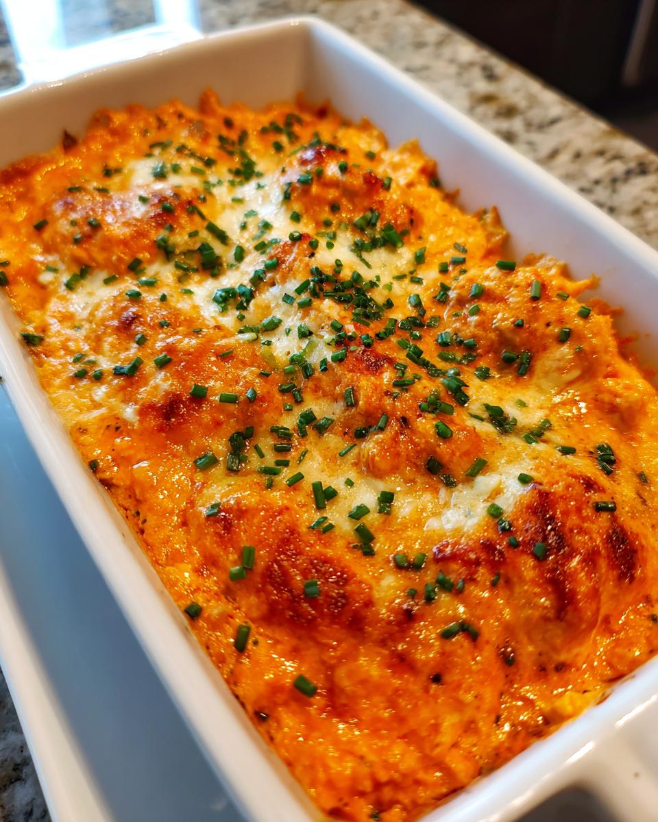 A close-up of a bubbling Party Buffalo Chicken Dip in a white baking dish, topped with melted cheese and fresh chives.