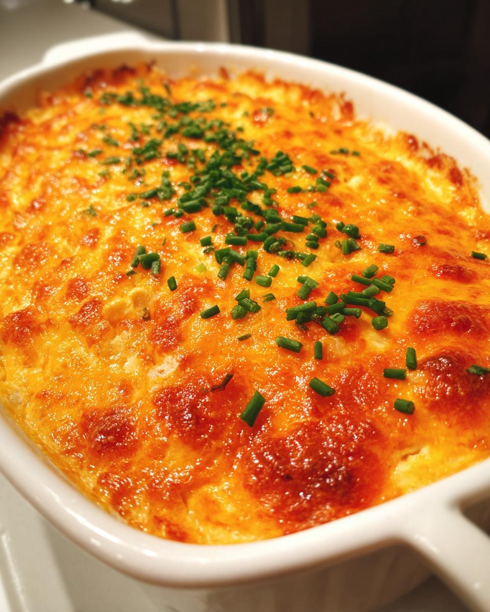 Close-up of a bubbling, golden-brown baked Party Buffalo Chicken Dip topped with fresh chives.