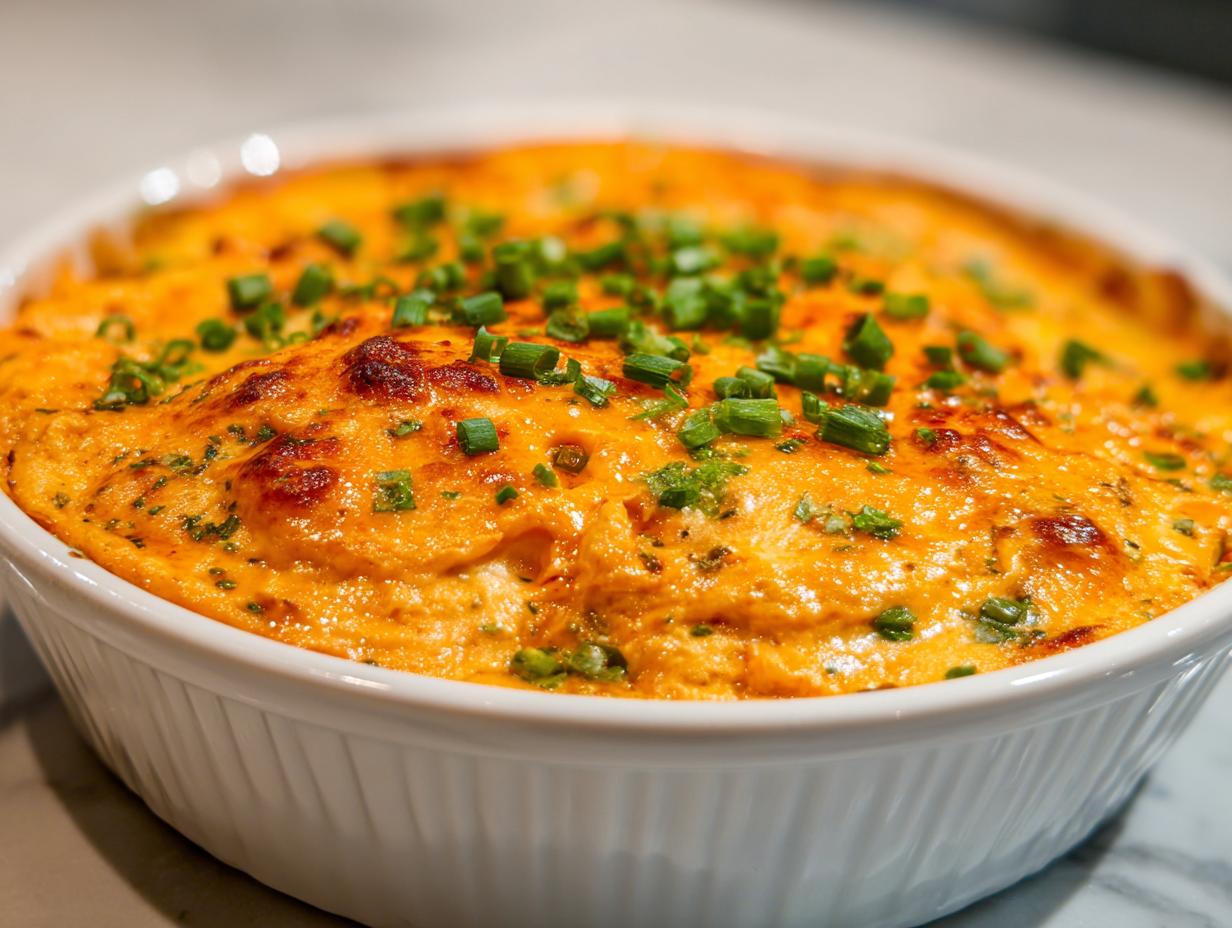 Close-up of a bubbly, golden-brown Party Buffalo Chicken Dip topped with fresh green chives.