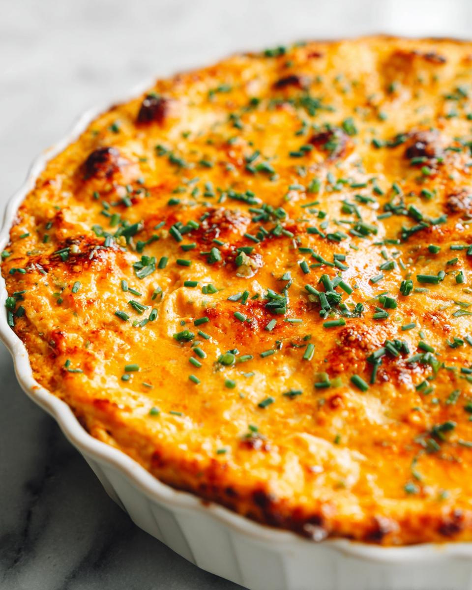 A close-up of a bubbling Party Buffalo Chicken Dip in a white baking dish, topped with fresh chives.