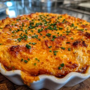 Close-up of a bubbling Party Buffalo Chicken Dip, topped with melted cheese and fresh chives.